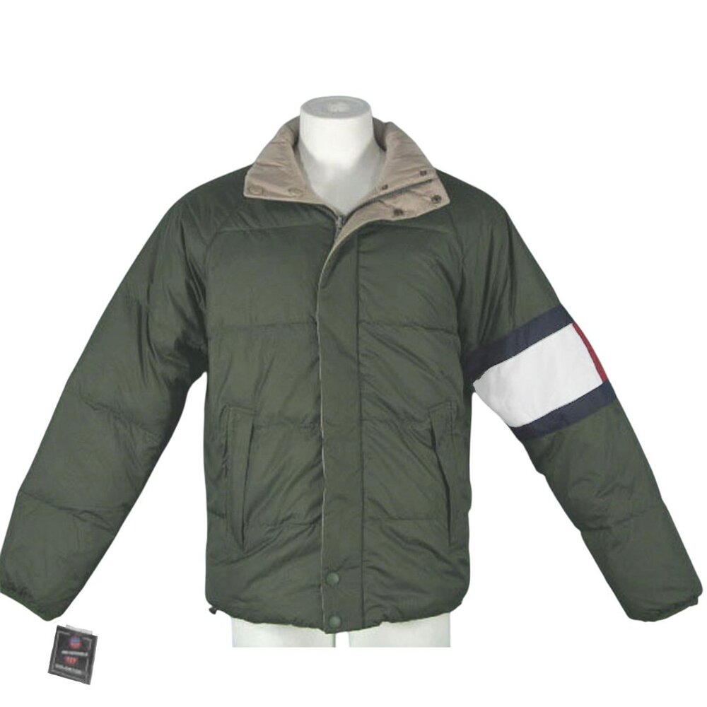 NEW Tommy Hilfiger Reversible Down Puffer Jacket!  Green & Tan Big Hilfiger Flag
